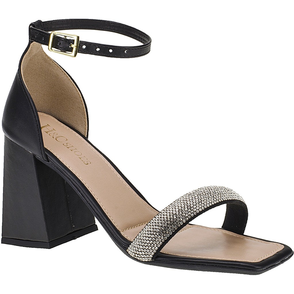Sandália Feminina Salto Alto Bloco 9 cm Strass Confortável Moderna Noiva Festa Casamento Brilho Moda