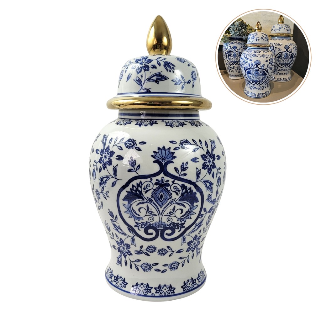 Pote Potiche Porcelana Azul E Branco Floral Decoração 46cm