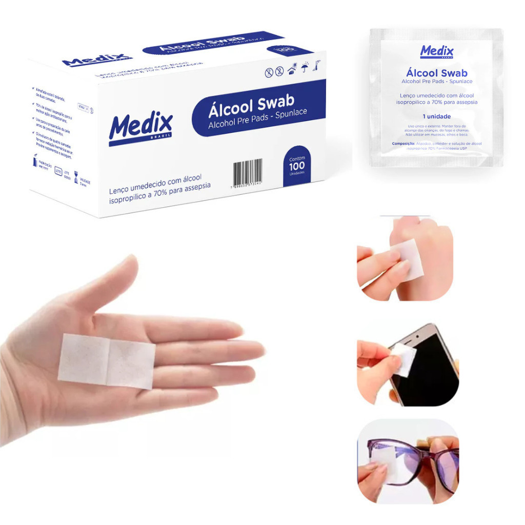 Lenços Umedecidos Saches Álcool Swab 70% Medix 100 unidades