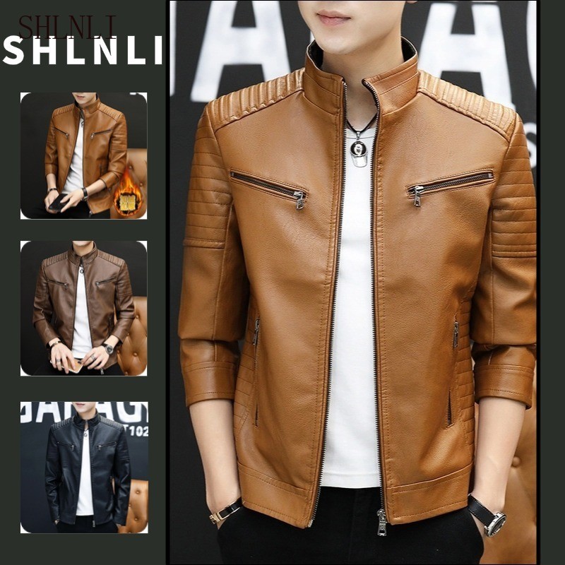 Outono E Inverno Gola Alta Casaco Masculino Versão Coreana De Ajuste Apertado Na Moda Motocicleta Jaqueta De Couro Do Pl