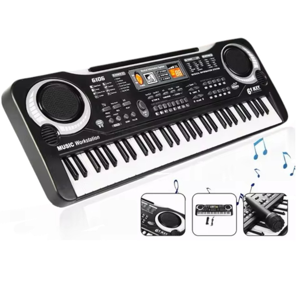 Brinquedo Eletrônico Teclado 61 Teclas Com Microfone e Fonte Preto