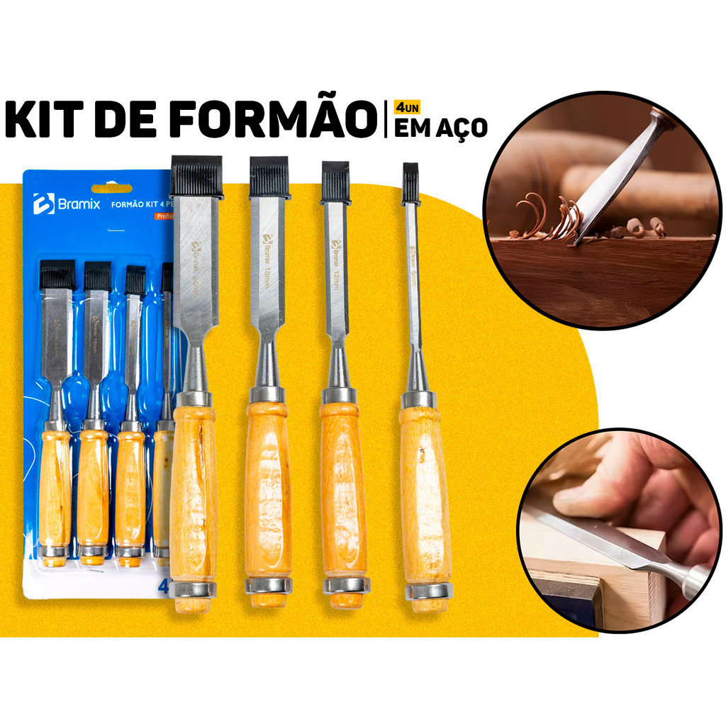 Kit Jogo Formão 4 Peças Bramix 1" 3/4" 1/2" 1/4" Profissional P/ Marcenaria Artesanato Carpintaria Trabalhos Em Madeira	 em Oferta na Shopee