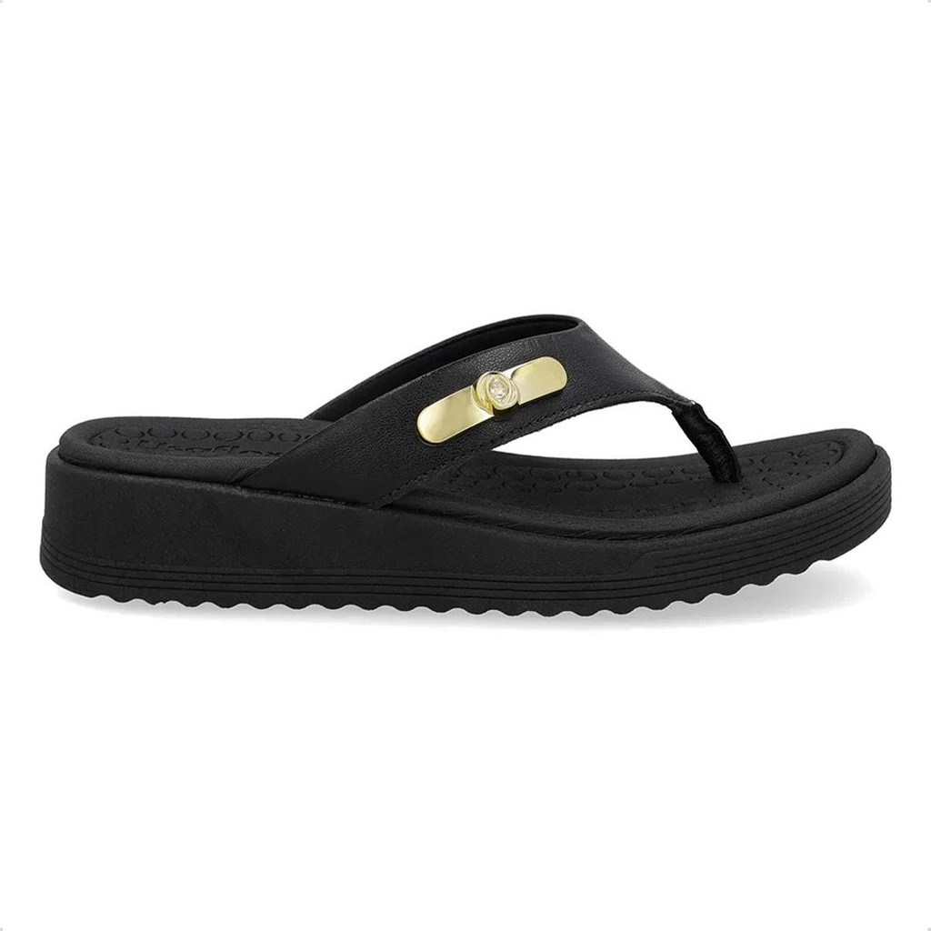 Chinelo Usaflex Feminino Salto Baixo Couro Enfeite Casual UD13001