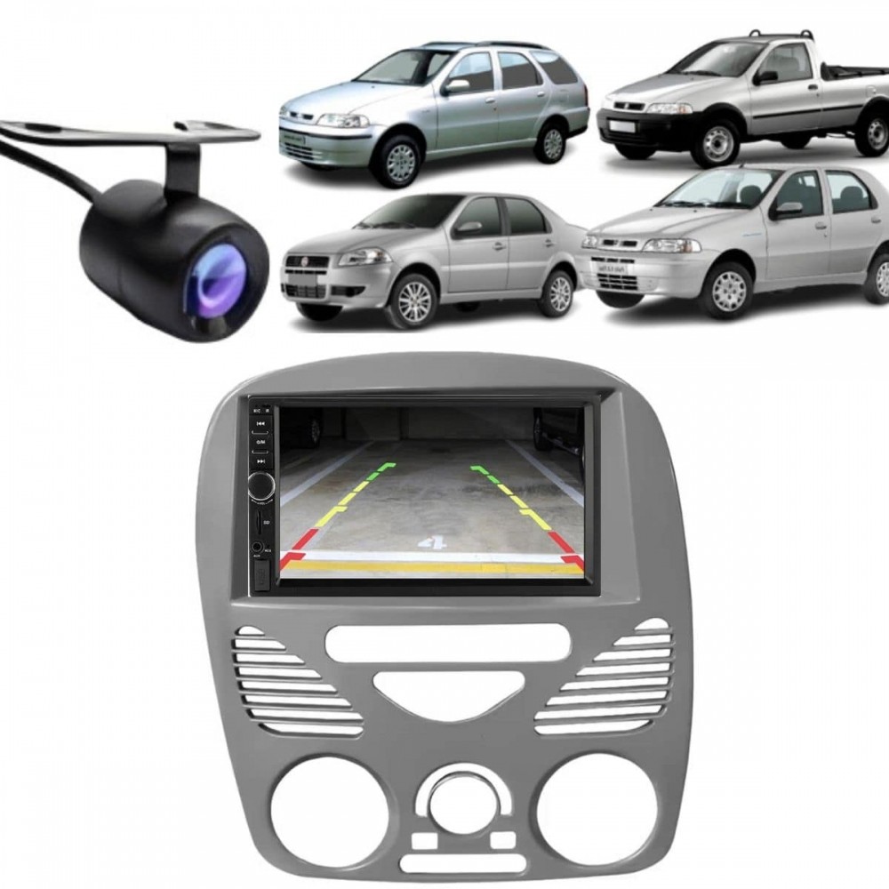 Central Multimídia 2 Din Mp5 Fiat Palio G2 Câmera Moldura Cinza