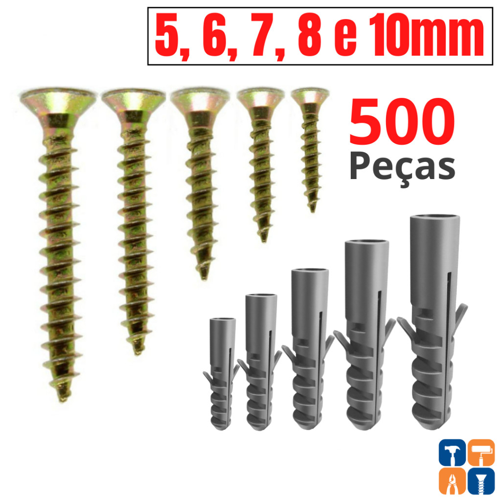 Kit Buchas Sem Anel com Parafuso 5 6  8 10 com 500 Peças Kit Parafusos e Bucha 5mm 6mm 7mm 8mm 10mm