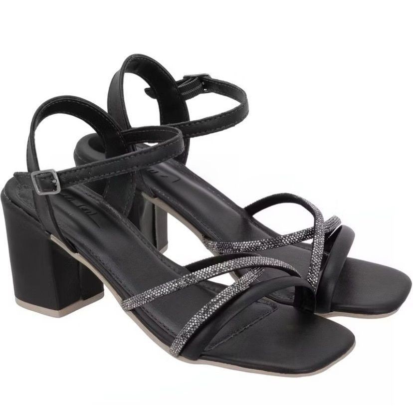 Sandália Feminina Salto Alto Quadrado Casual  Macio 2 Tiras de Strass Fivela em Oferta na Shopee