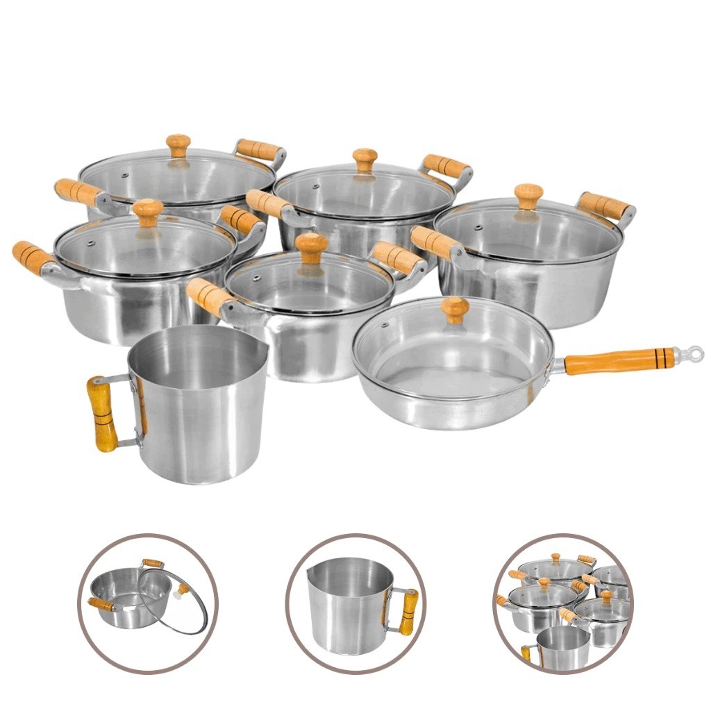 kit panelas + frigideira + canecao aluminio batido grosso 7 pçs