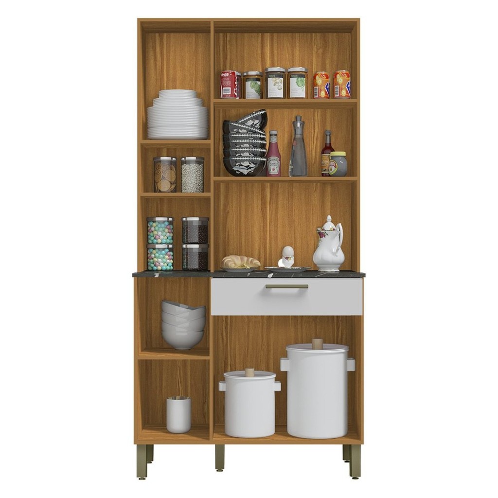 Detalhes do Cozinha Compacta com 6 Portas 1 Gaveta e Espaço para Micro-ondas 100% Mdf San Marino Espresso Móveis Amêndoa/Off