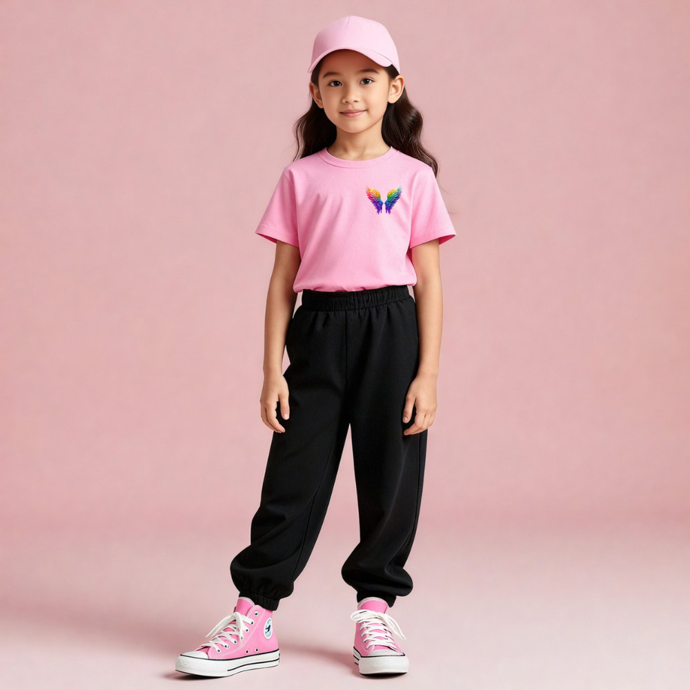 Camiseta Infantil Costura Reforçada Manga Curta Estampada Emblema Asas De Anjo 100% Algodão Camiseta Infantil Feminina