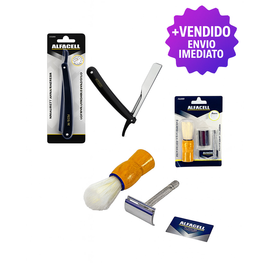 Conjunto De Barbear Tradicional Barbeador Inox Navalhete Retrátil Pincel E Lâminas em Oferta na Shopee