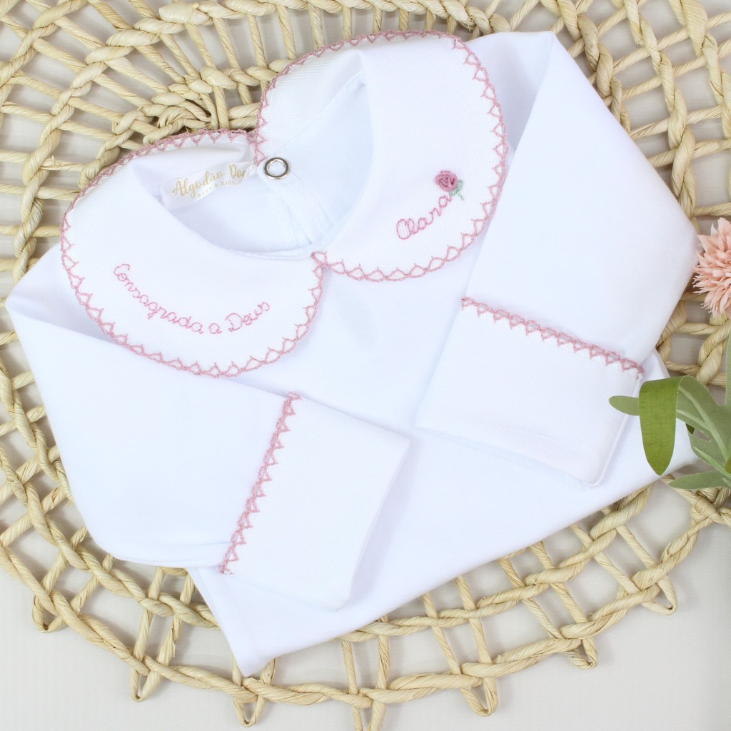 Body Bebê Personalizado Menina 100% Algodão Bordado À Mão Consagrada a Deus