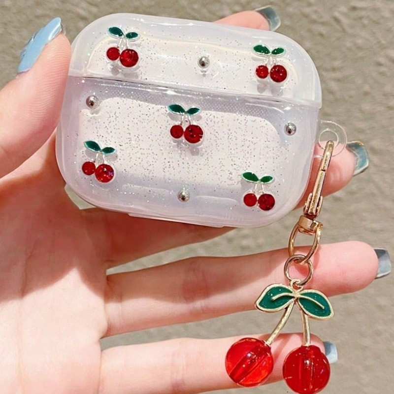 Capa De Fone De Ouvido Com Glitter Para AirPods Pro2 Pro3 Pro , Fofa De Cereja Chaveiro Fofo 1/2 3 4