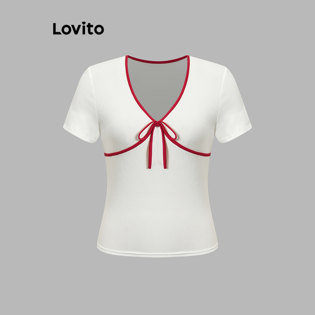 Detalhes do Lovito Camiseta Casual Primavera/Verão Com Encadernação Contrastante Para Mulheres L80ED119 (Multi-color)