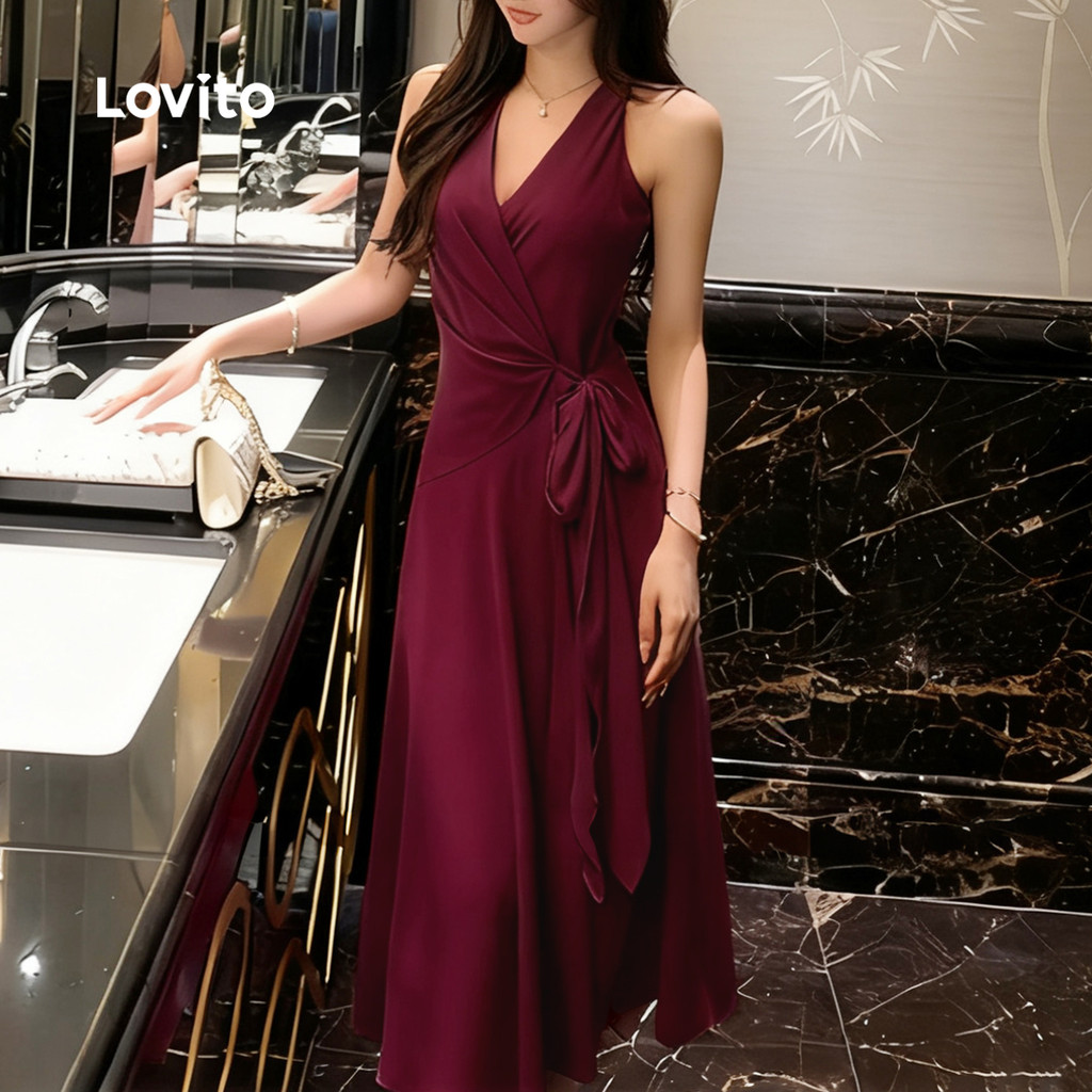 Detalhes do (NEW) Lovito Vestido Elegante Envolvente com Laço de Renda Primavera/verão Vestido Claret L155ED1064