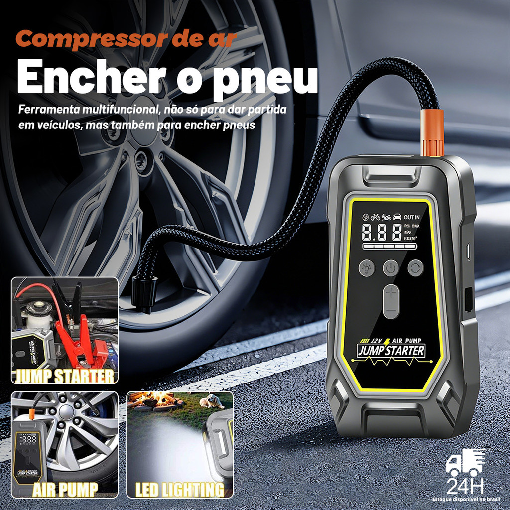 Inflador De Pneu Digital 150PSI Auxiliar De Partida 12V Compressor De Ar Portátil Power Bank Carro Moto