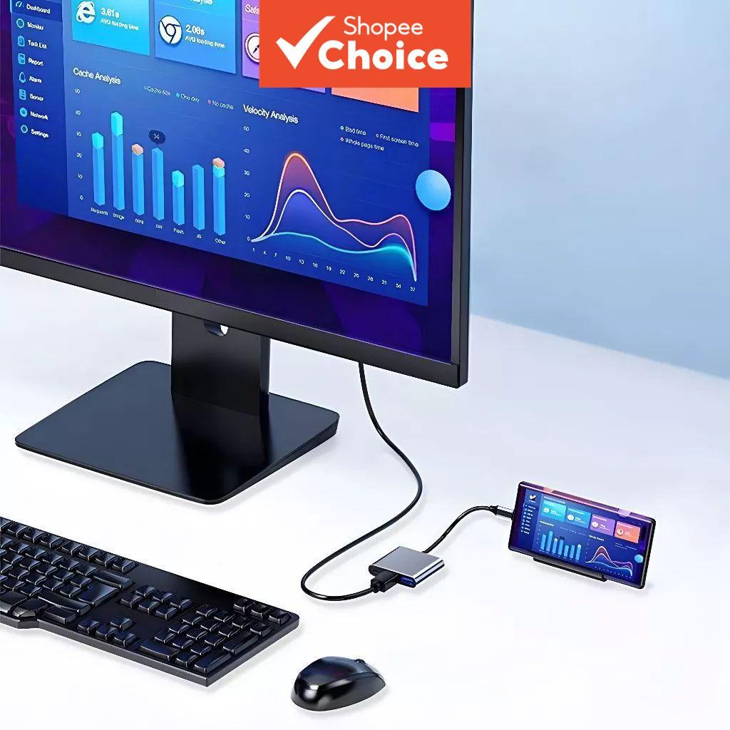 Adaptador Hub USB-C 4 em 1 com HDMI/VGA/USB 3.0/PD para Laptops, Compatível com Notebooks; Usuários de Celular e