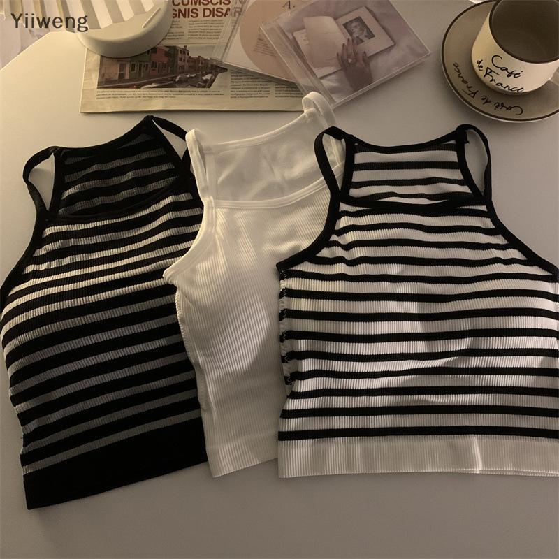 [Yiiweng] Versão Coreana Regata Feminina Linha Sólida Casual Moda Crop Top Com Almofada No Peito Listra Sem Mangas Roupa