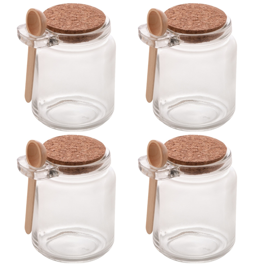 Kit 4 Porta Tempero 240ml Colher Bambu Potes Cozinha Vidro Conjunto Temperos Saleiro Açúcar Geleia