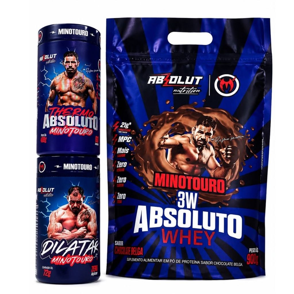 Kit 3W Absoluto Whey 900g Chocolate Belga + Thermo 60 Cáps + Dilatar Minotouro 90 Cáps | Absolut