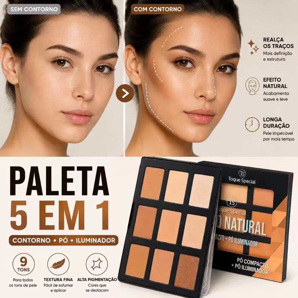 Paleta Completa Contorno Iluminador e Pó Facial Compacto para Maquiagem