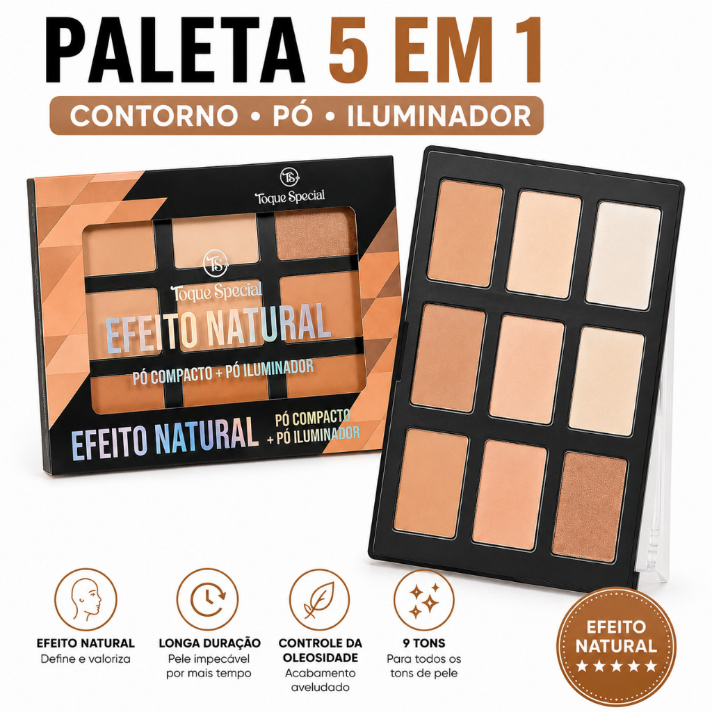 Paleta Facial Multifuncional Contorno Iluminador e Pó Compacto 3 em 1