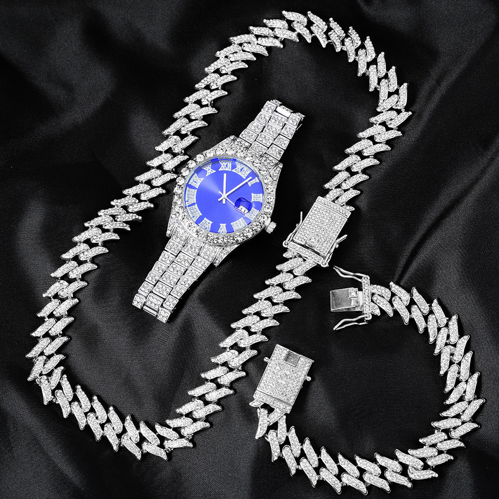 Novo Corrente Cravejada Hip Hop Iced Conjunto Colar Corrente Cubana 16mm Conjunto Relógio Pulseira Diamantes Moda Colar 