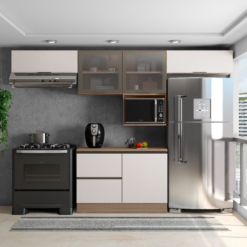 Cozinha Modulada 5 Peças 5 Portas 3 Gavetas Balcão com Tampo Etna Bege/Carvalho Oak/Off White Carvalho/Off White