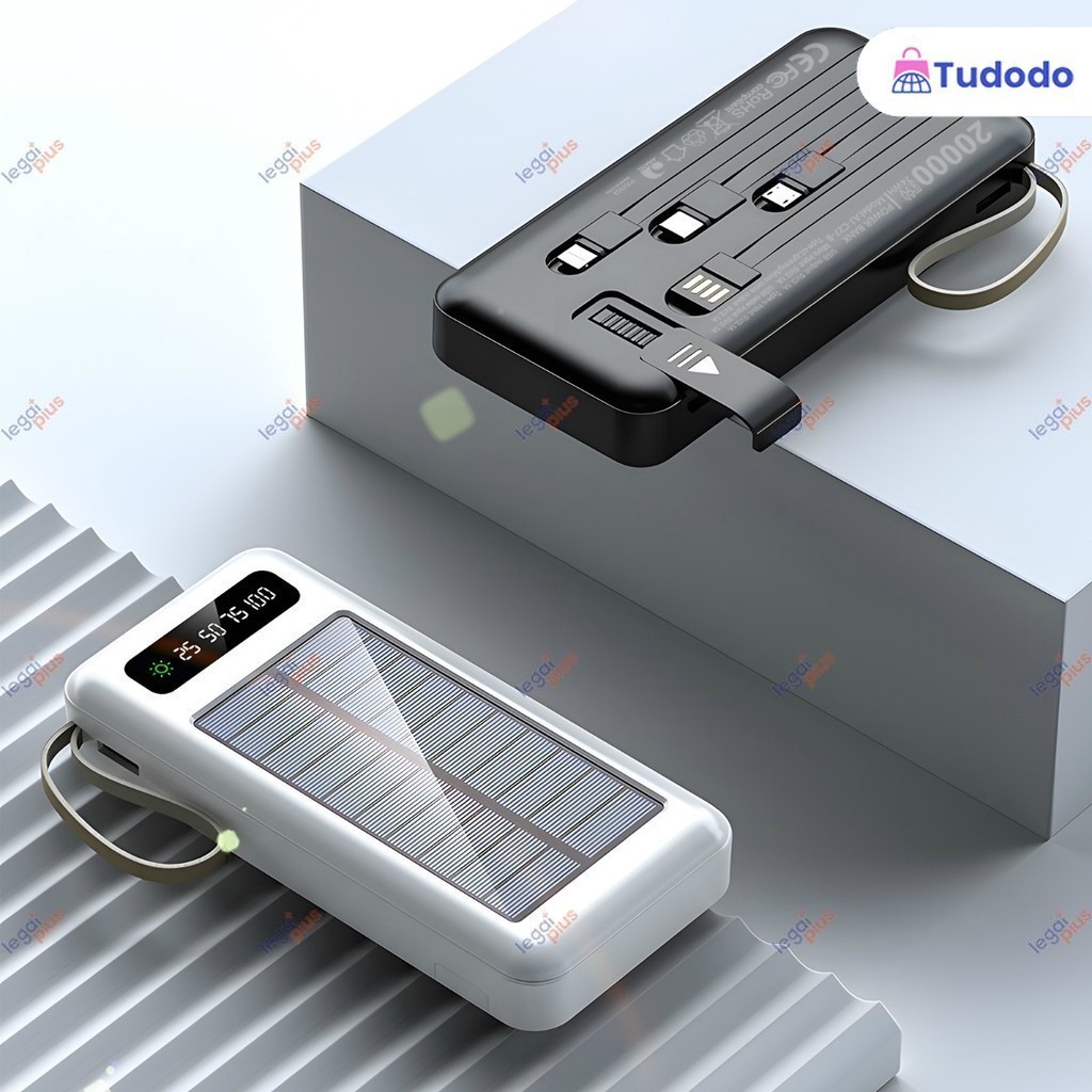 Carregador Portátil Solar 20000mAh Universal com 5 Cabos e Lanterna de LED