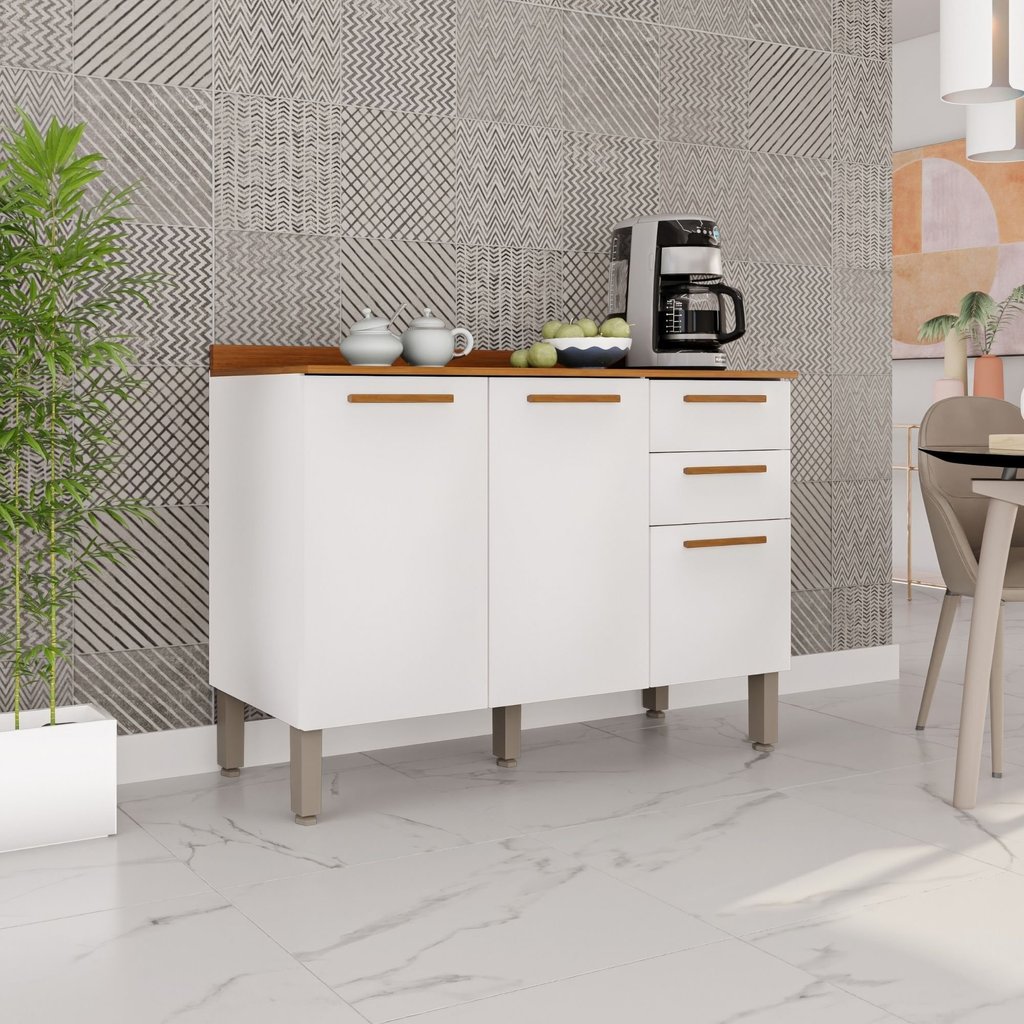 Balcão para Cozinha 3 Portas 2 Gavetas Bella Branco Branco/Cinamomo