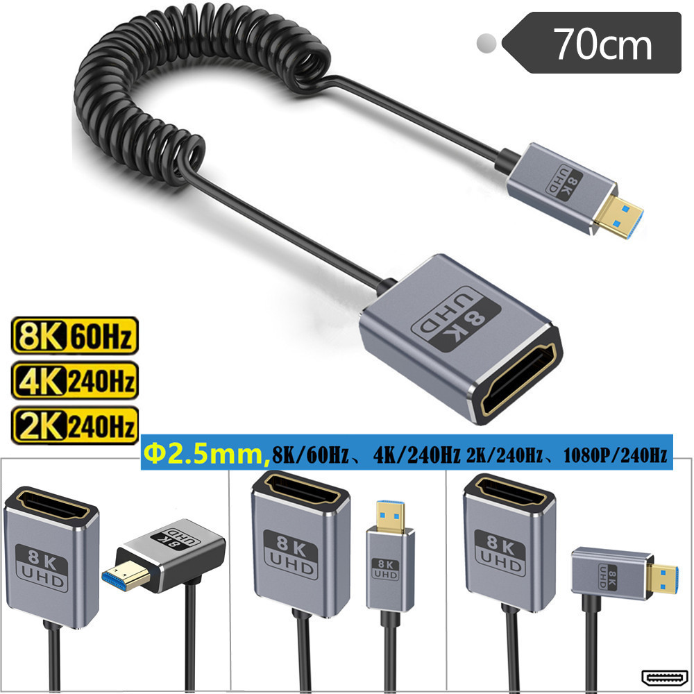 Cabo Extensor Coaxial Espiral Micro HDMI Macho para HDMI Fêmea 2.1 com Ângulo de 90° | 8K@60Hz | Ultrafino 2,5mm | 70cm