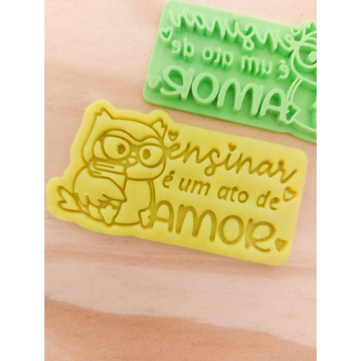 Carimbo e cortador de biscoitos frase coruja dia dos professores