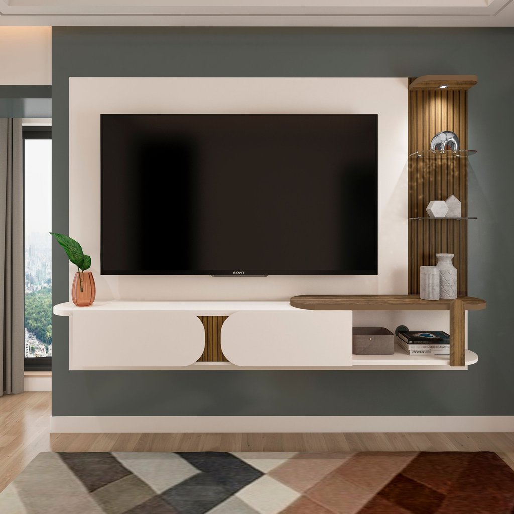 Painel para TV até 72 Polegadas com LED MDF 200CMX147CM Toronto Bege Off White/Pinho Ripado