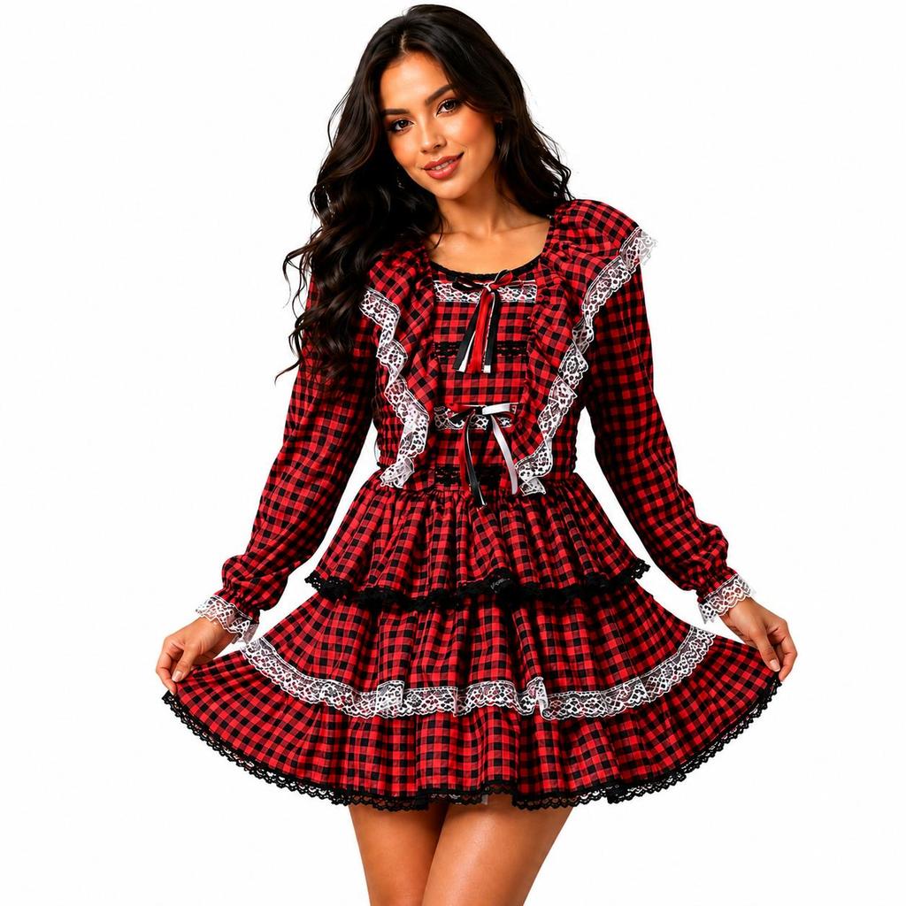 Vestido Festa Junina Moderno Feminino Xadrez Vermelho Manga Longa
