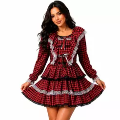 Vestido Festa Junina Moderno Feminino Xadrez Vermelho Manga Longa