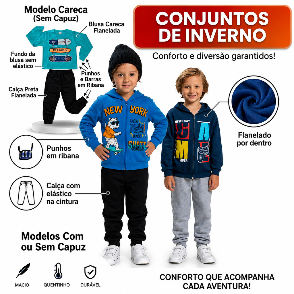 Conjunto Infantil Masculino Inverno Moletom Flanelado