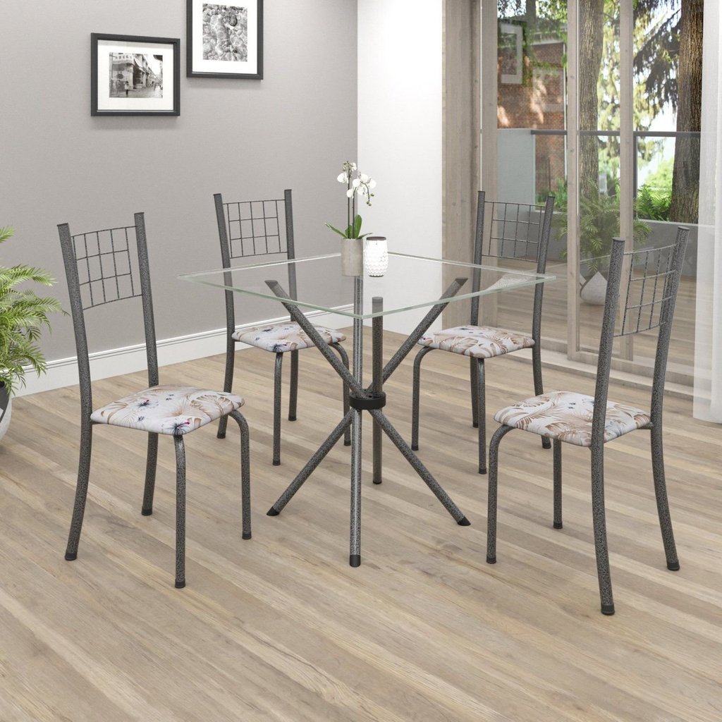 Conjunto de Mesa Tubular 70x70cm Tampo em Vidro com 4 Cadeiras Dany Cinza/Botanic Bege/Martelado Prata/Incolor Botanic