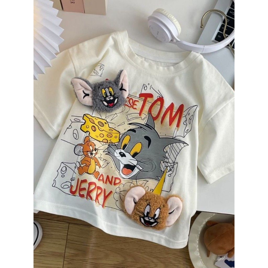 Crianças novo estilo de algodão de manga curta boneca camiseta verão impresso estilo ocidental tridimensional gato e rat