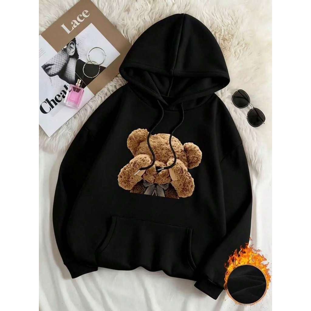 Blusa De Frio Moletom Feminino Estampada Com Capuz Flanelado Cangurú Confortavél Desenho De Urso Fofo