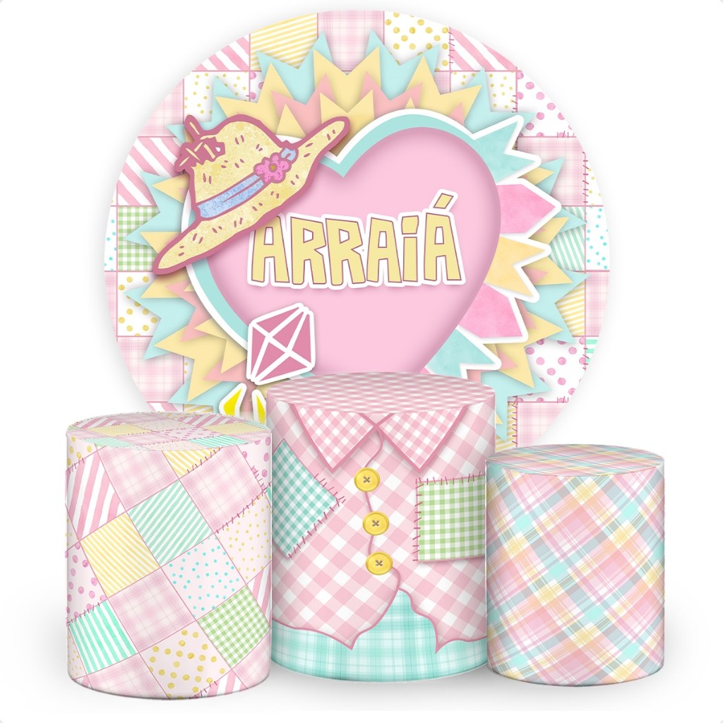 Kit Painel Redondo + Trio Capas De Cilindro de  Junina Arraiá Rosa Veste Fácil Tecido SKP-258 | Chega Rápido