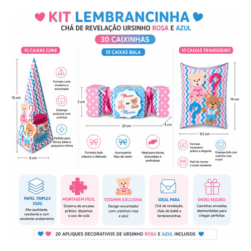 Kit 30 Caixinhas Chá Revelação Ursinho Lembrancinha Festa Bebê Rosa Azul Decoração