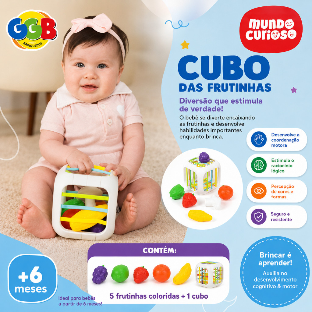 Cubo Didatico Sensorial Infantil Montessori das Frutinhas Brinquedo Educativo Colorido Interativo Para Bebê