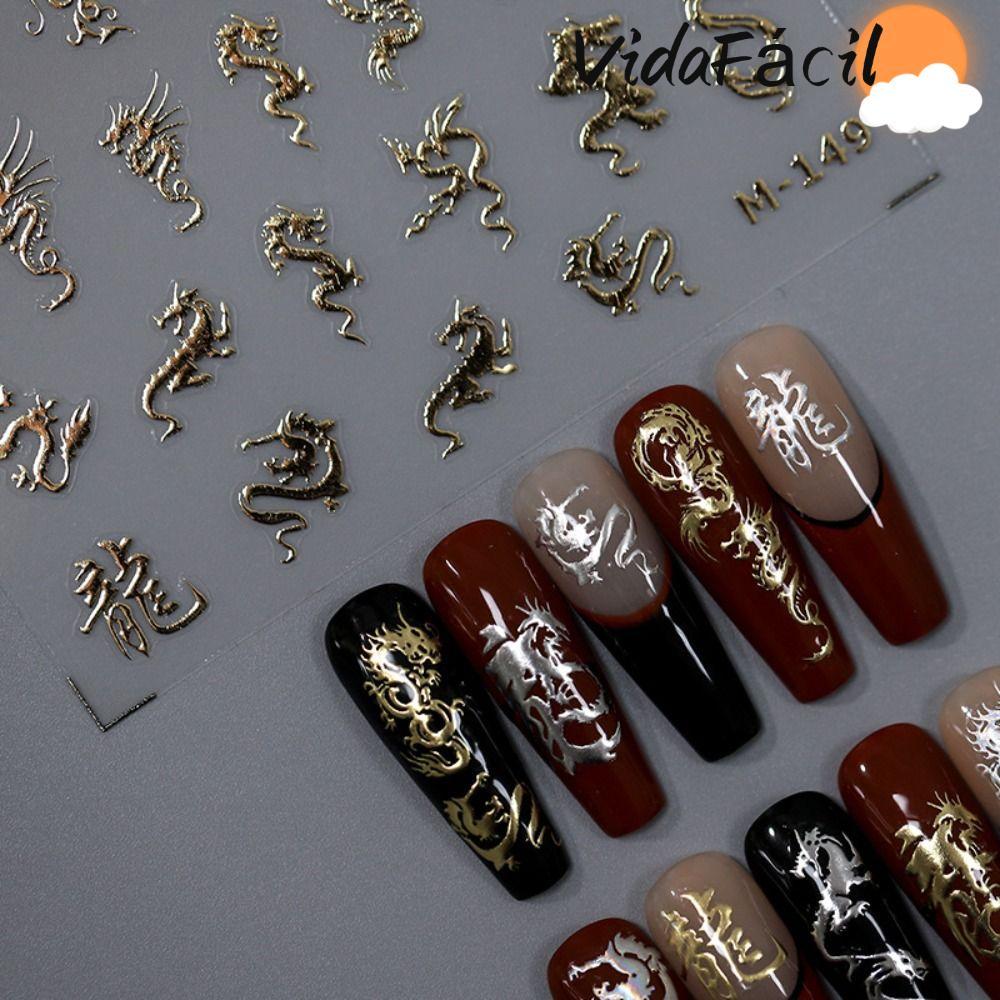 Adesivo De Unha Perfumado , Esmalte De Gel Espelhado Metálico Dourado E Prateado , Design De Dragão