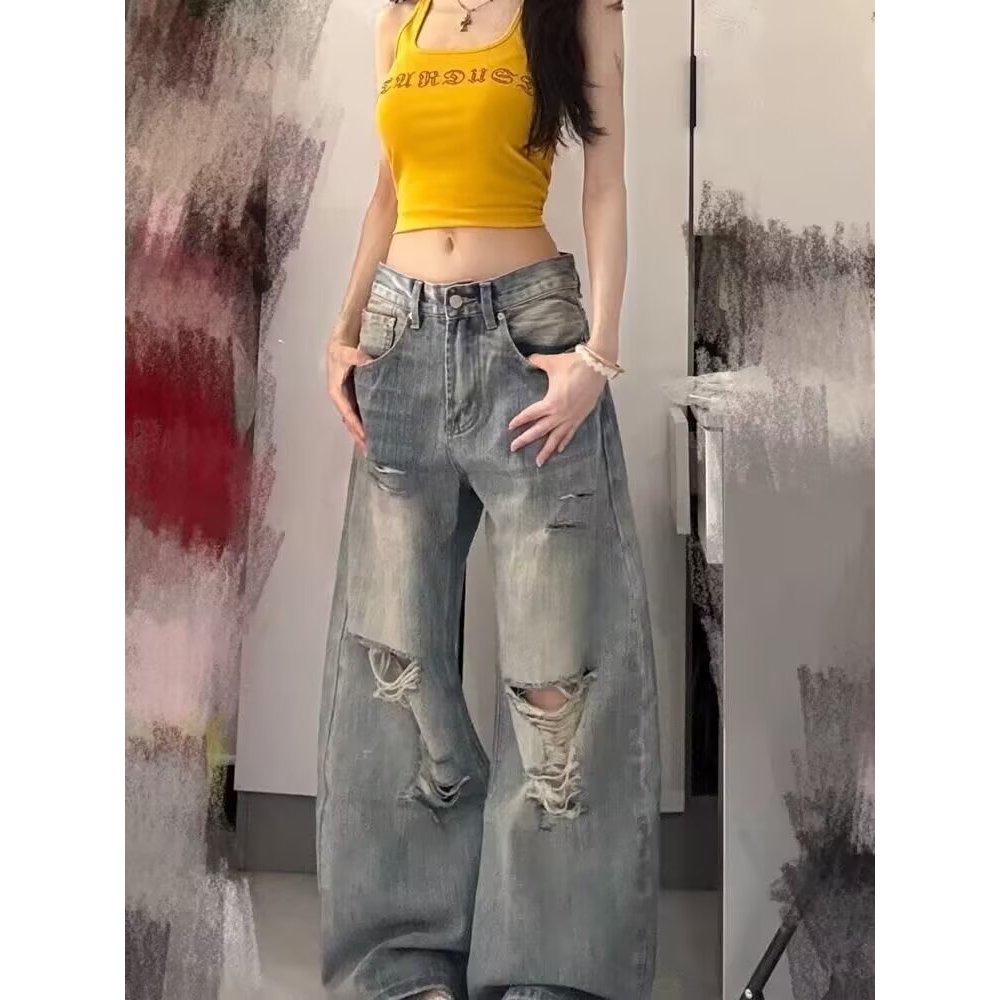 INSstudios National Street Wear Casal Estilo Americano Gradiente Rasgado Jeans Lavados Soltos Calças Compridas Retas Hom