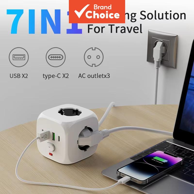 Extensor de Tomada de Parede com Plugue UE 7 em 1 AXUS, com 3 Tomadas AC, 2 Portas USB e 2 USB-C, Interruptor