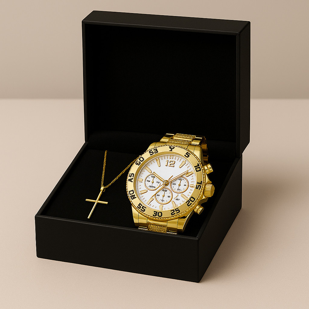 Relogio Masculino Aço Inox Banhado a Ouro + Pulseira Prata Dourada + Corrente Pingente Cru...