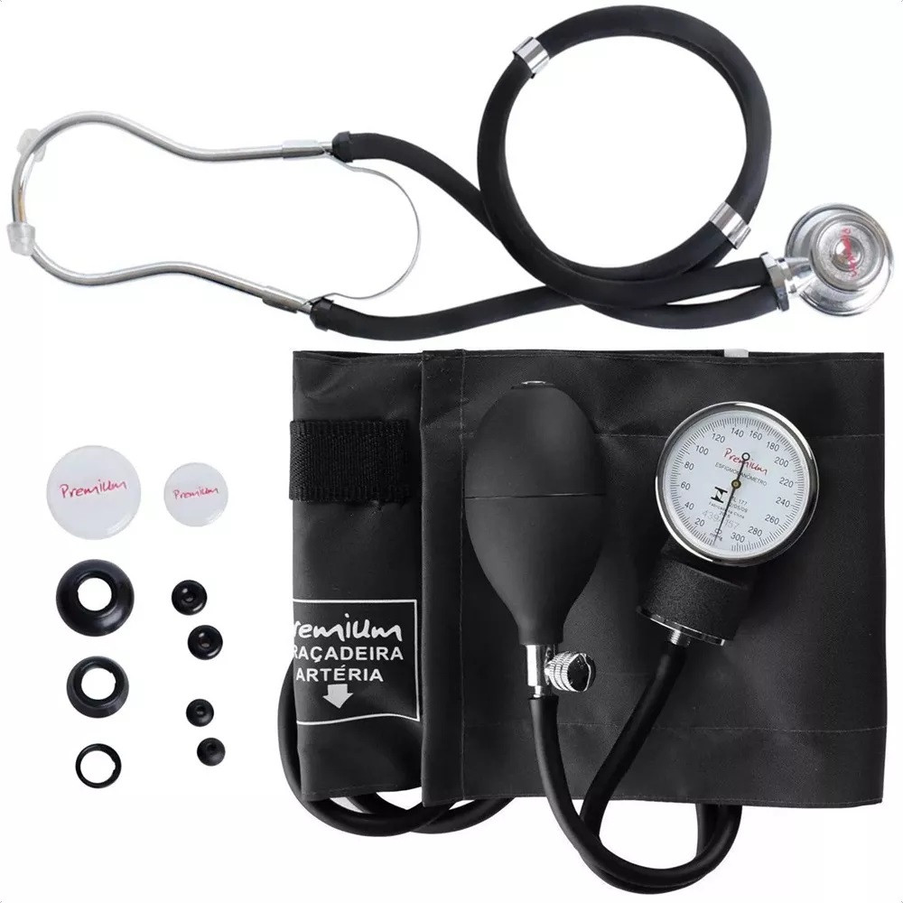 Kit Premium Aferição Pressão Arterial Manual – Estetoscópio + Esfigmomanômetro Cor Preto