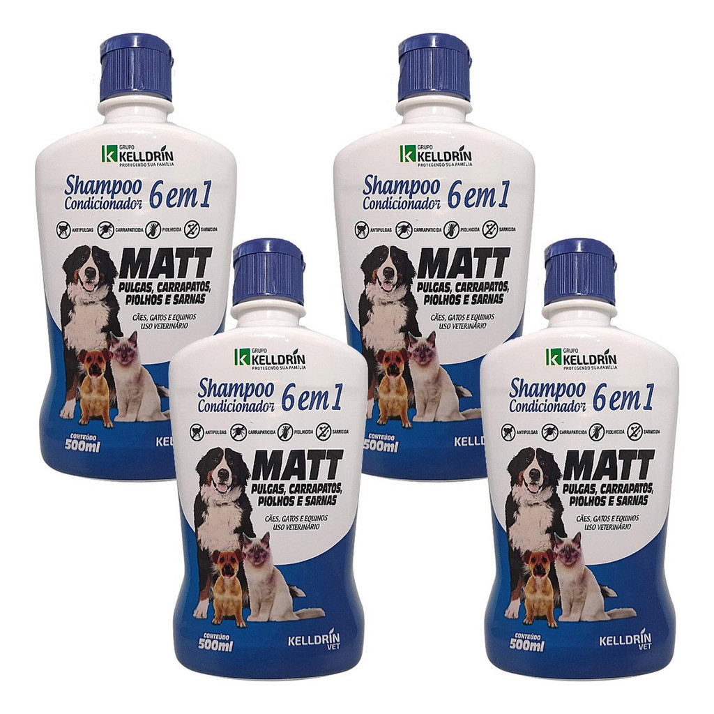 Kit 4 Shampoo e Condicionador Kelldrin Matt 6 Em 1 Anti Carrapato Piolho Pulga Sarna