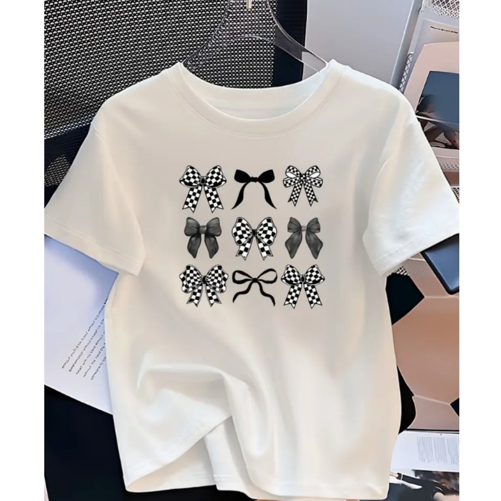 Bonito Camiseta Feminina Casual E Estilosa Com Estampa De Laço, Camiseta Solta De Algodão Casual De Verão