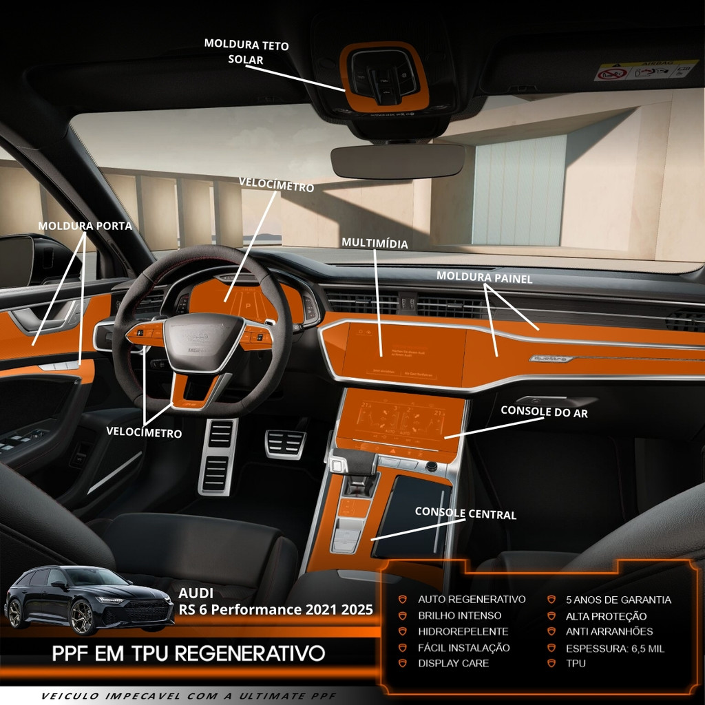 Película PPF Proteção Kit Interior Completo Audi RS6 Performance 2021 2022 2023 2024 2025 TPU