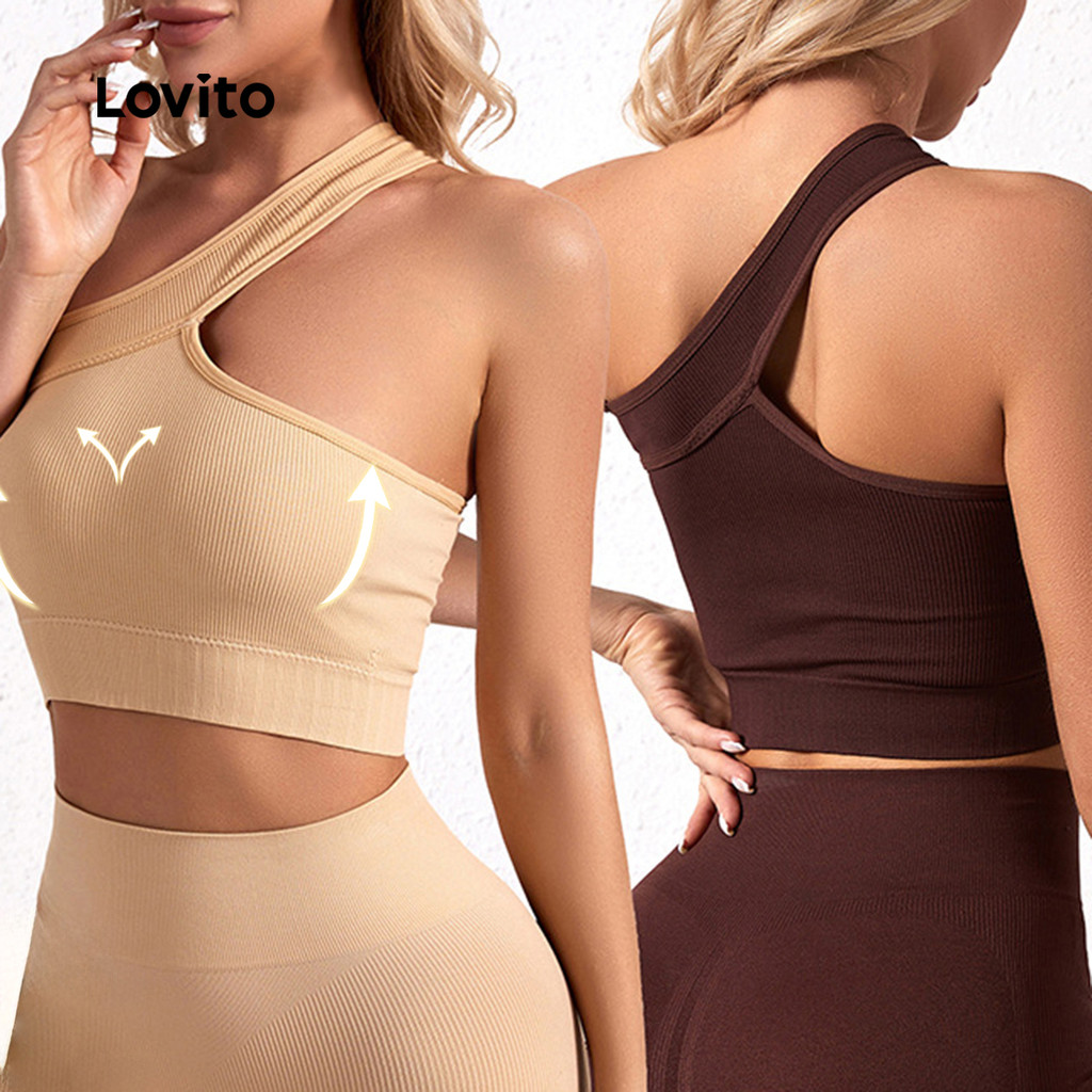 Lovito Brassiere Esportiva Liso Assimétrica Ombro a Erva Push Up Yoga Anti-Shock LNL44043 em Oferta na Shopee
